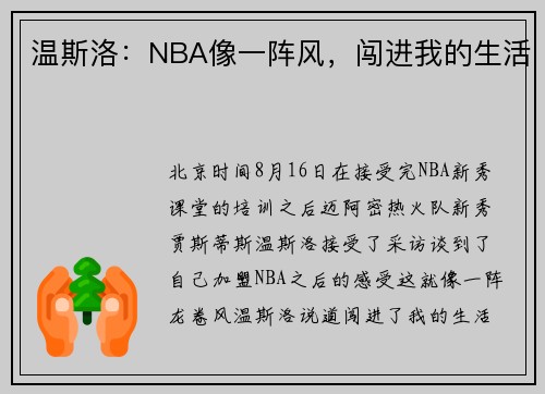 温斯洛：NBA像一阵风，闯进我的生活