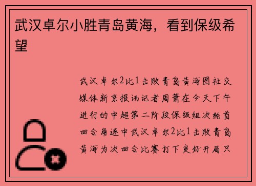 武汉卓尔小胜青岛黄海，看到保级希望