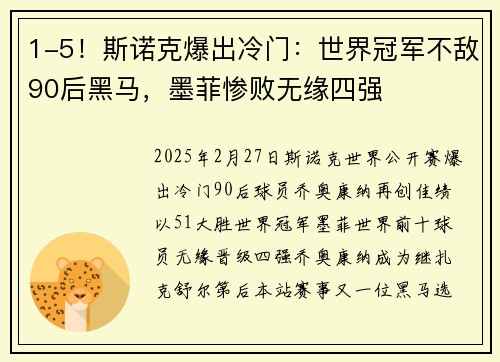 1-5！斯诺克爆出冷门：世界冠军不敌90后黑马，墨菲惨败无缘四强