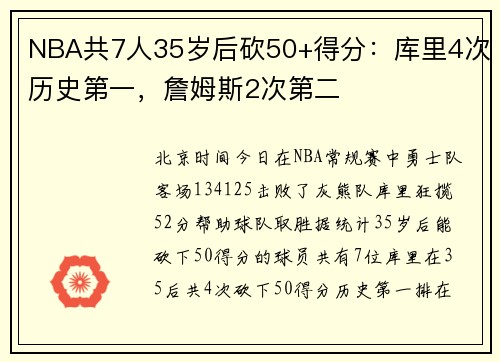 NBA共7人35岁后砍50+得分：库里4次历史第一，詹姆斯2次第二